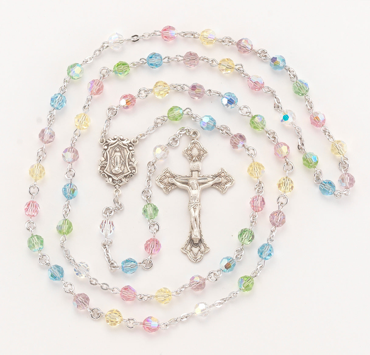 Sterling Silver Rosary Handmade with finest Austrian Crystal 6mm Multi-Color Faceted Round Beads by HMH | .925 Silver