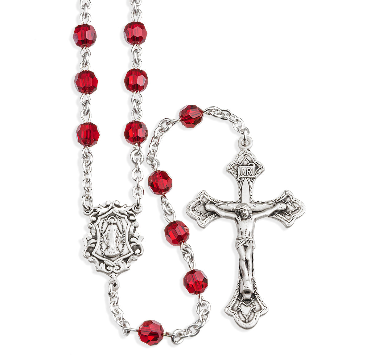 Sterling Silver Rosary Hand Made with finest Austrian Crystal 6mm Ruby Faceted Round Beads by HMH
