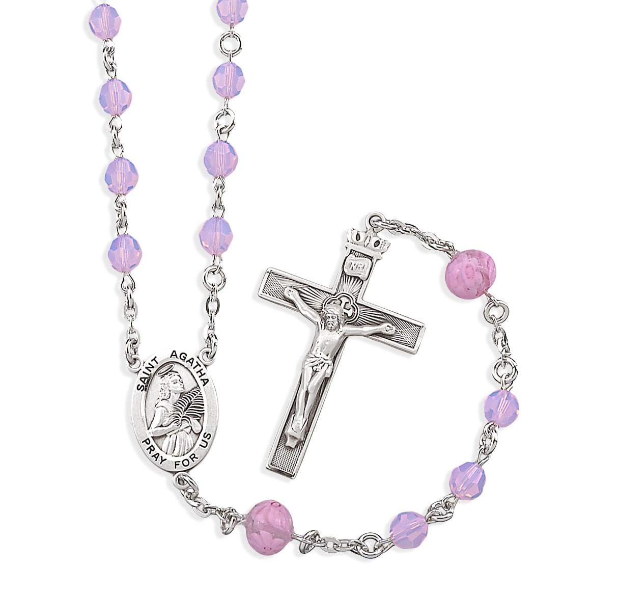 6mm Finest Rose Opal Crystal Faceted Round Beads with 8mm Pink Rose Our Father Bead with St. Therese Centerpiece Necklace