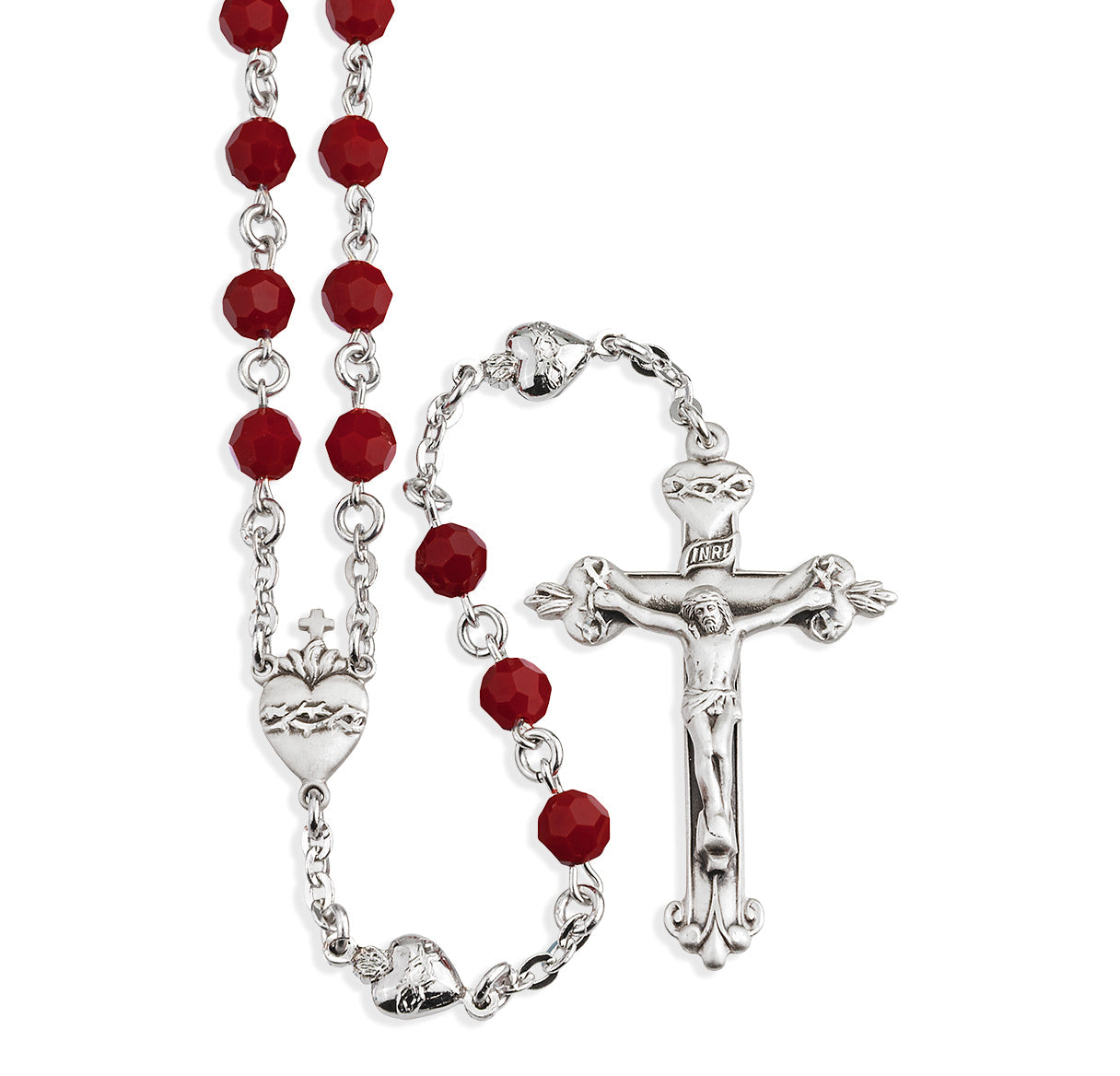 Sterling Silver Rosary Handmade with finest Austrian Crystal 6mm Red Coral Faceted Round Beads by HMH | .925 Silver