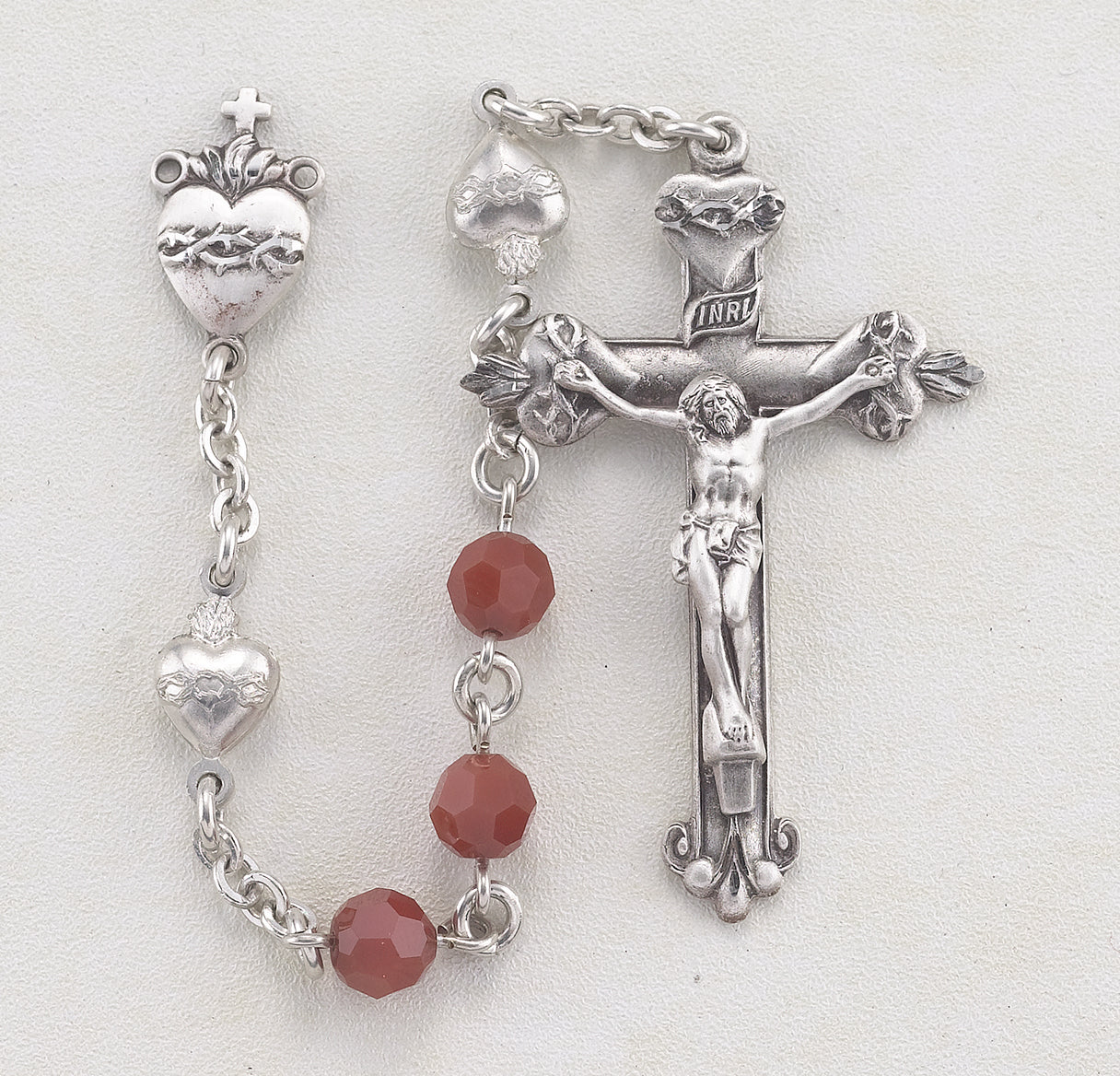 Sterling Silver Rosary Handmade with finest Austrian Crystal 6mm Red Coral Faceted Round Beads by HMH | .925 Silver