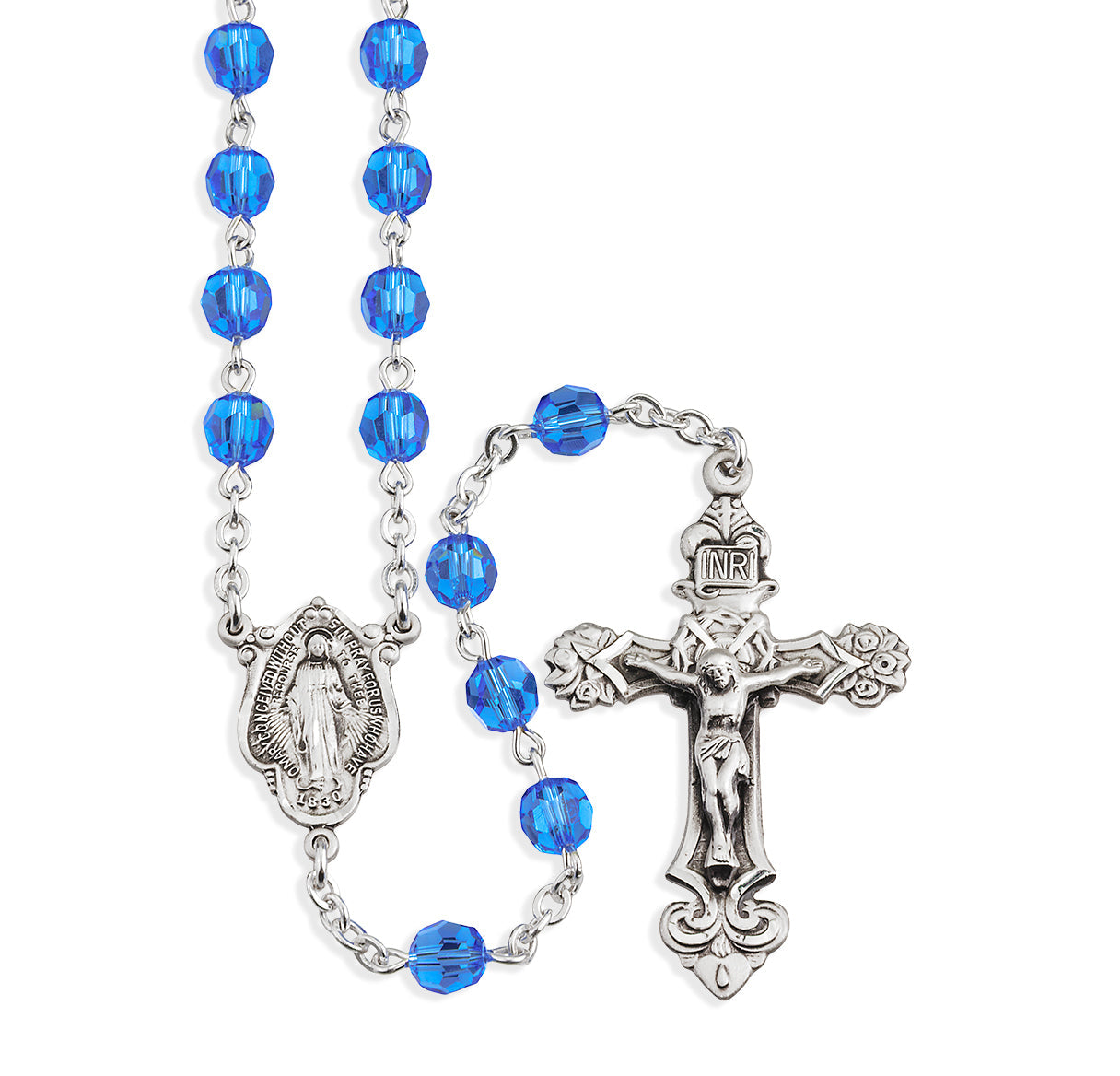 Sterling Silver Rosary Handmade with finest Austrian Crystal 6mm Sapphire Faceted Round Beads by HMH | .925 Silver