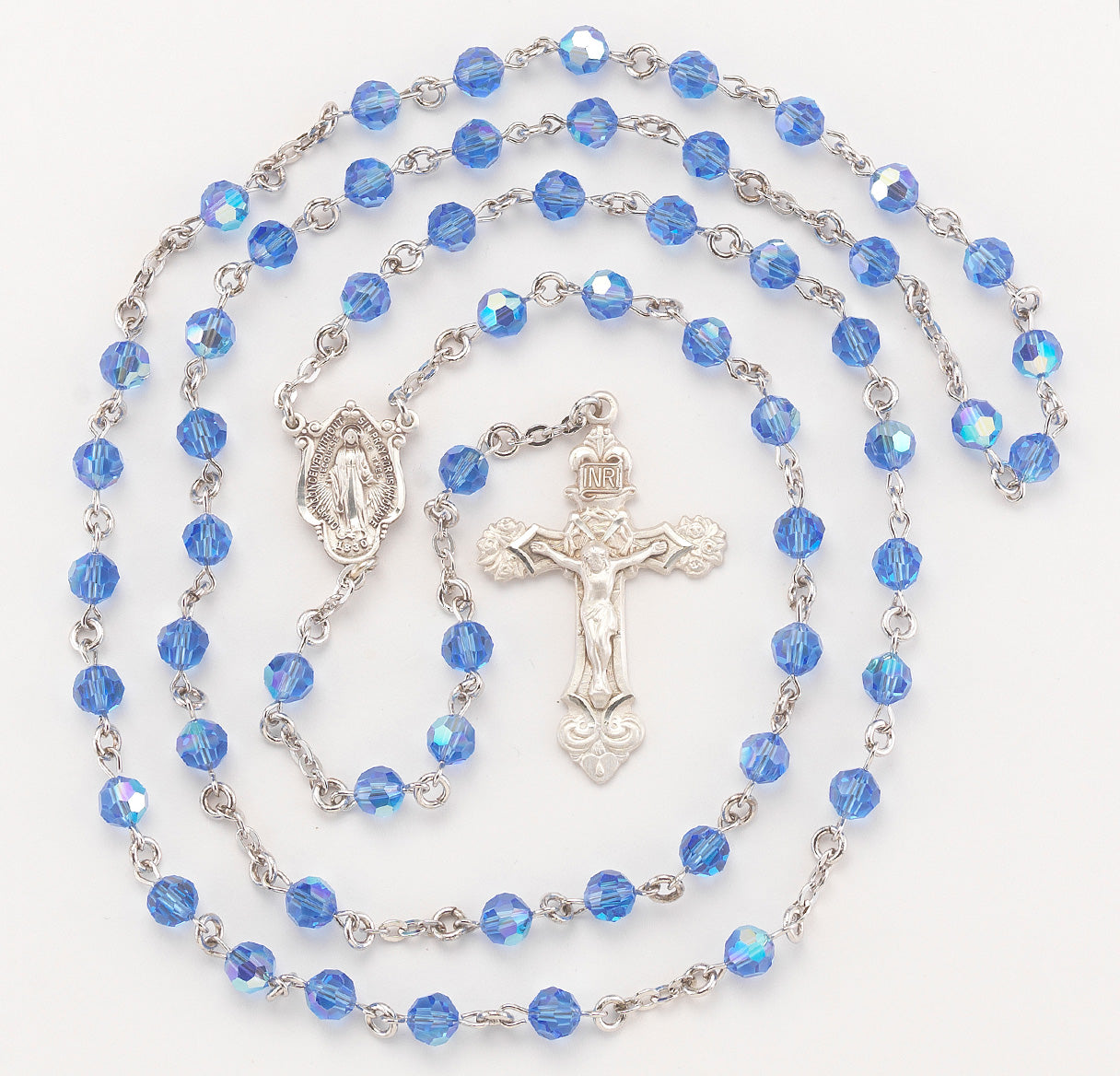 Sterling Silver Rosary Handmade with finest Austrian Crystal 6mm Sapphire Faceted Round Beads by HMH | .925 Silver