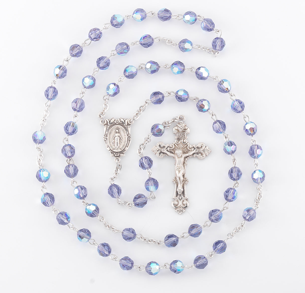 Sterling Silver Rosary Hand Made with finest Austrian Crystal 6mm Tanzanite Faceted Round Beads by HMH