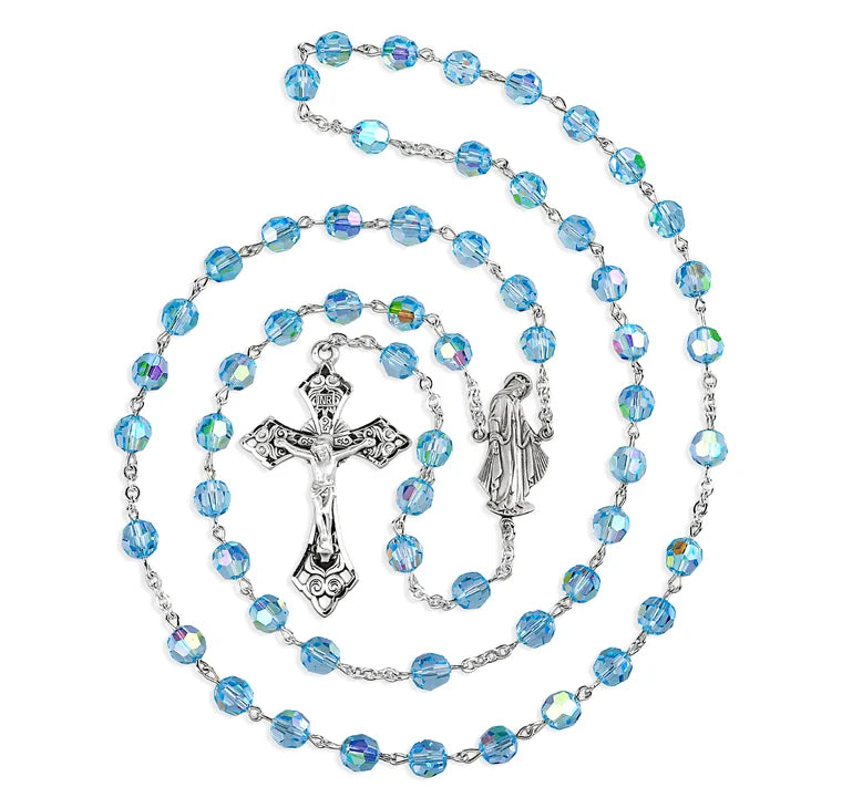 Sterling Silver Rosary Handmade with Crystals by Swarovski® 7mm Aqua Round Faceted Beads by HMH | .925 Silver
