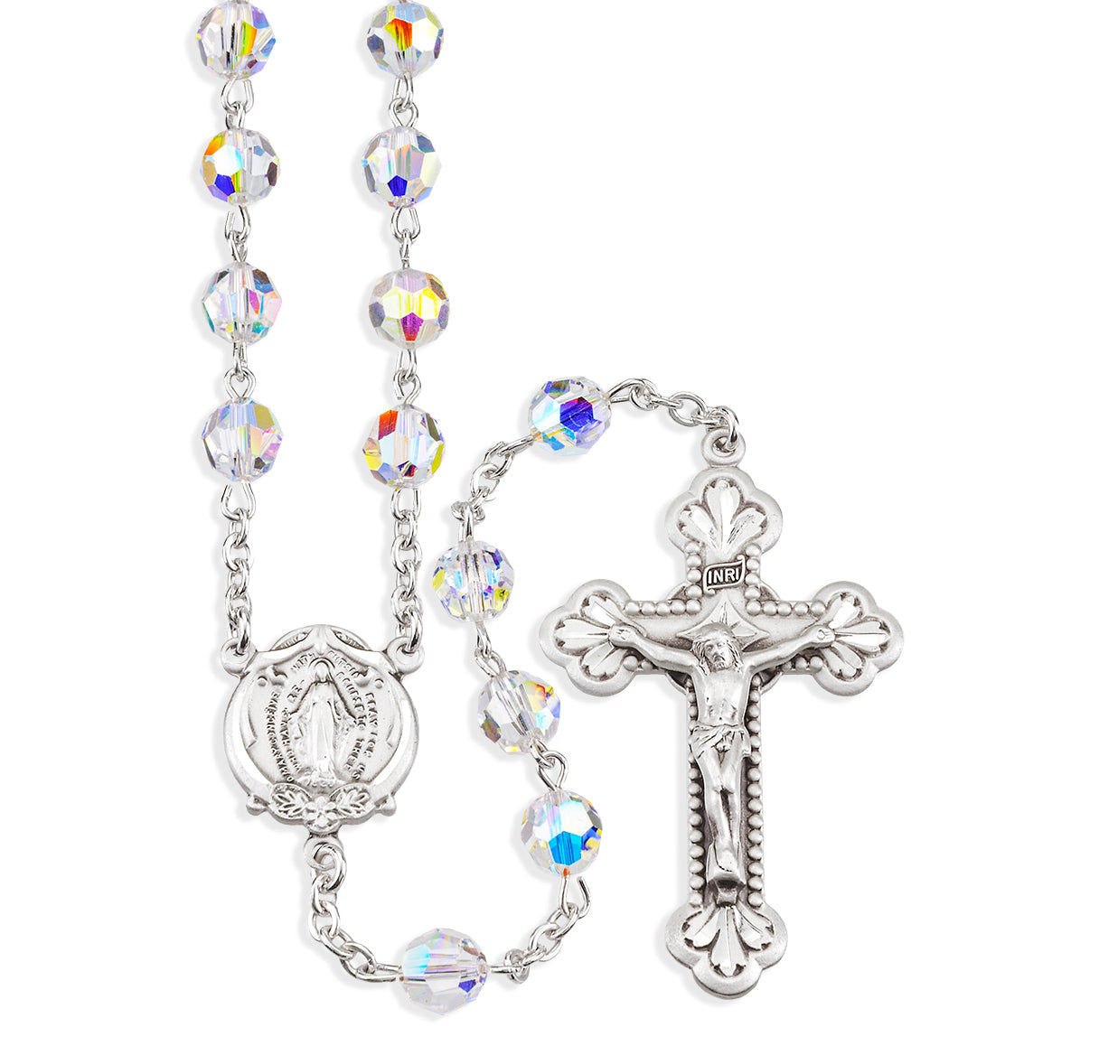 Sterling Silver Rosary Handmade with Finest Austrian Crystal 7mm Aurora Borealis Round Faceted Beads by HMH | .925 Silver