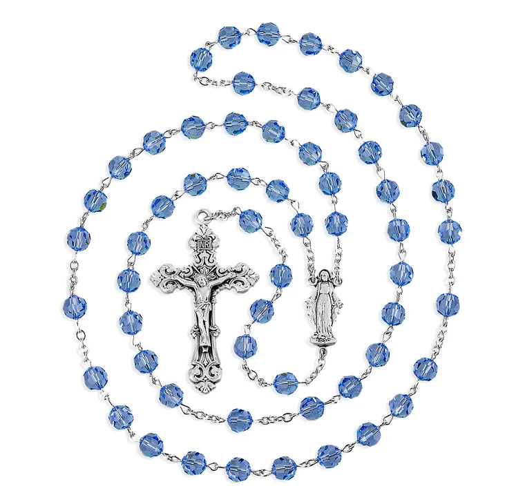 Sterling Silver Rosary Handmade with Crystals by Swarovski® 6mm Light Sapphire Faceted Round Beads by HMH | .925 Silver