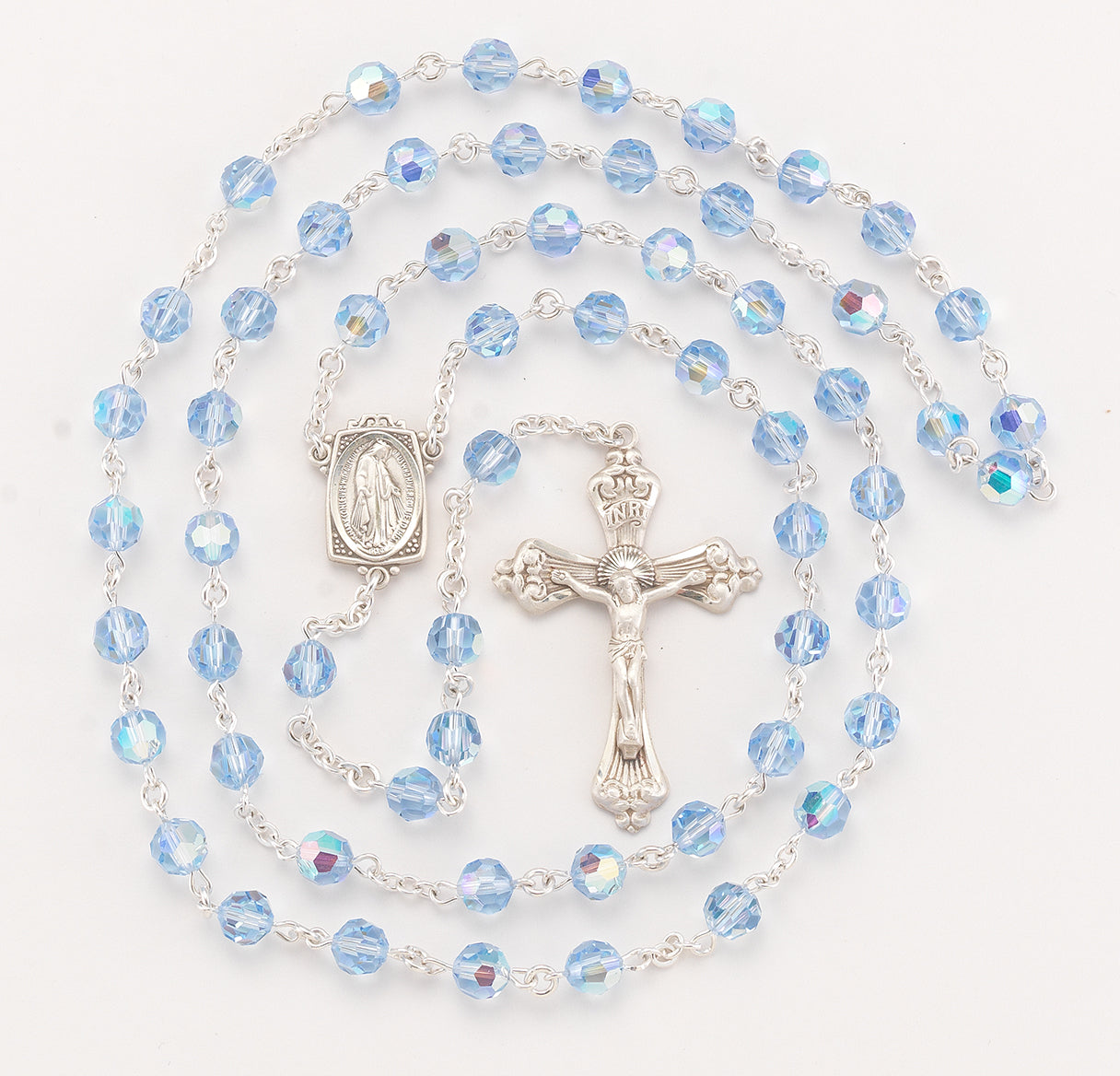 Sterling Silver Rosary Handmade with finest Austrian Crystal 6mm Light Sapphire Faceted Round Beads by HMH | .925 Silver