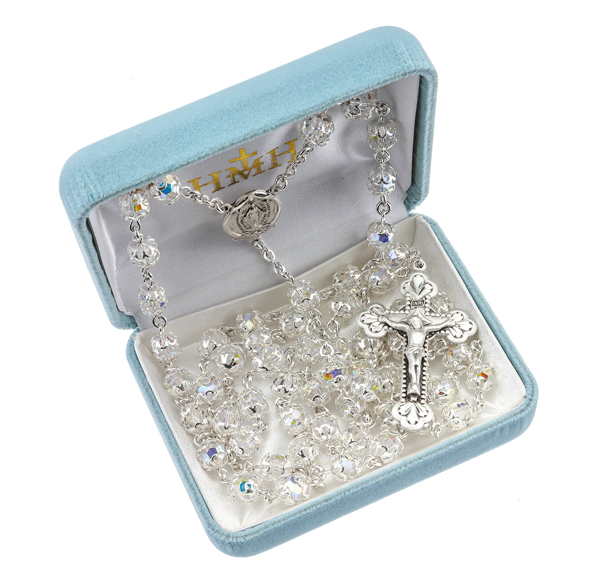 Sterling Silver Rosary Handmade with finest Austrian Crystal 7mm Aurora Borealis Medium Double Capped Beads by HMH | .925 Silver