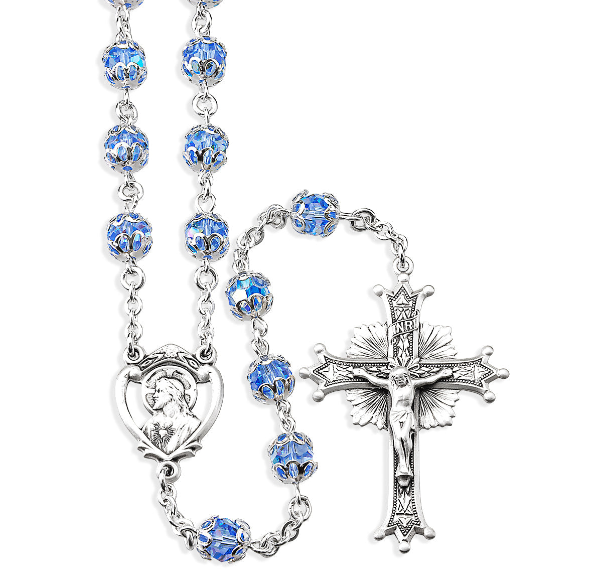 Sterling Silver Rosary Hand Made with finest Austrian Crystal 7mm Light Sapphire Medium Double Capped Finest Crystal Beads by HMH