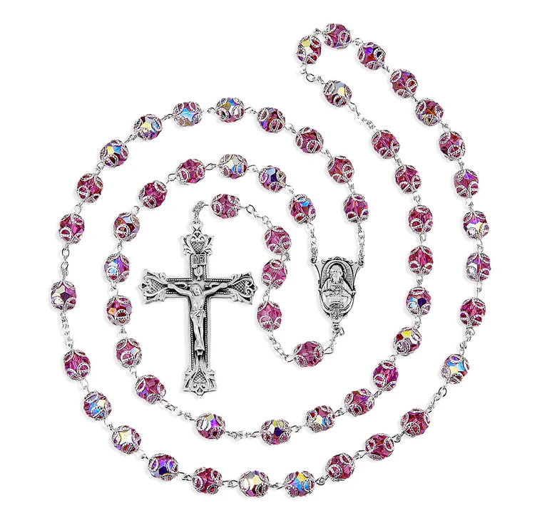 Sterling Silver Rosary Hand Made with Crystals by Swarovski® 8mm Pink Double Capped Beads by HMH