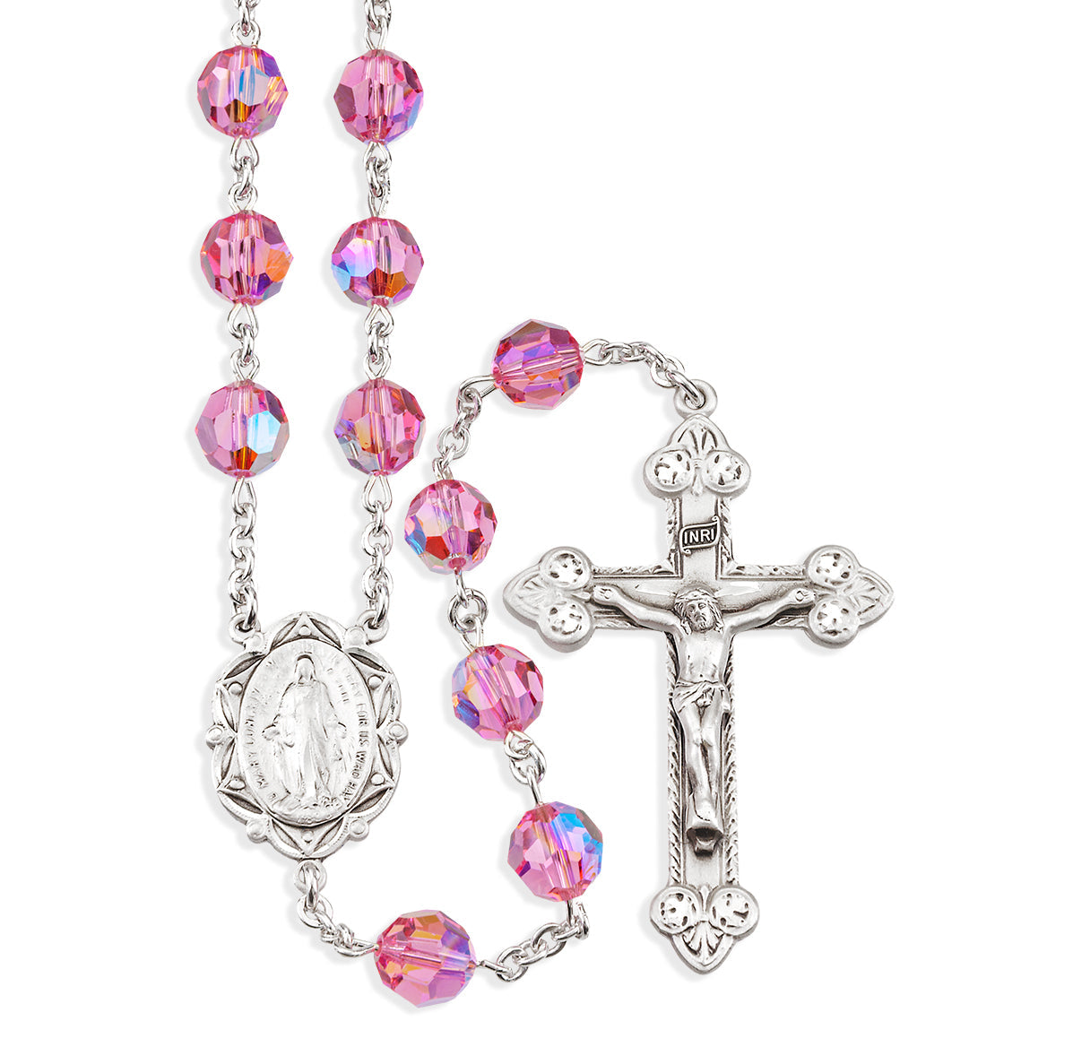 Sterling Silver Rosary Handmade with finest Austrian Crystal 8mm Pink Beads by HMH | .925 Silver