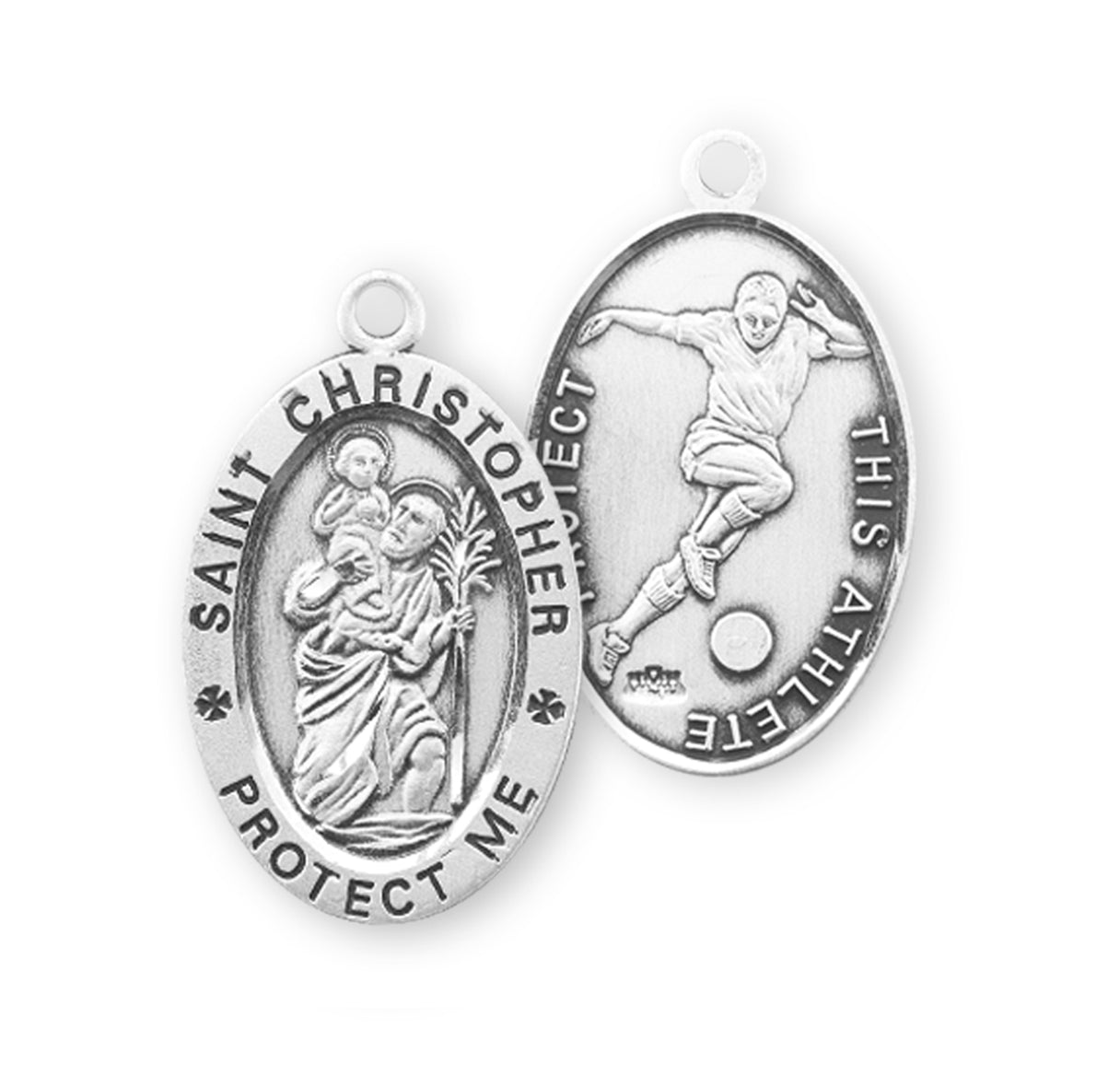 Saint Christopher Oval Sterling Silver Soccer Male Athlete Medal Pendant with Chain | .925 Silver