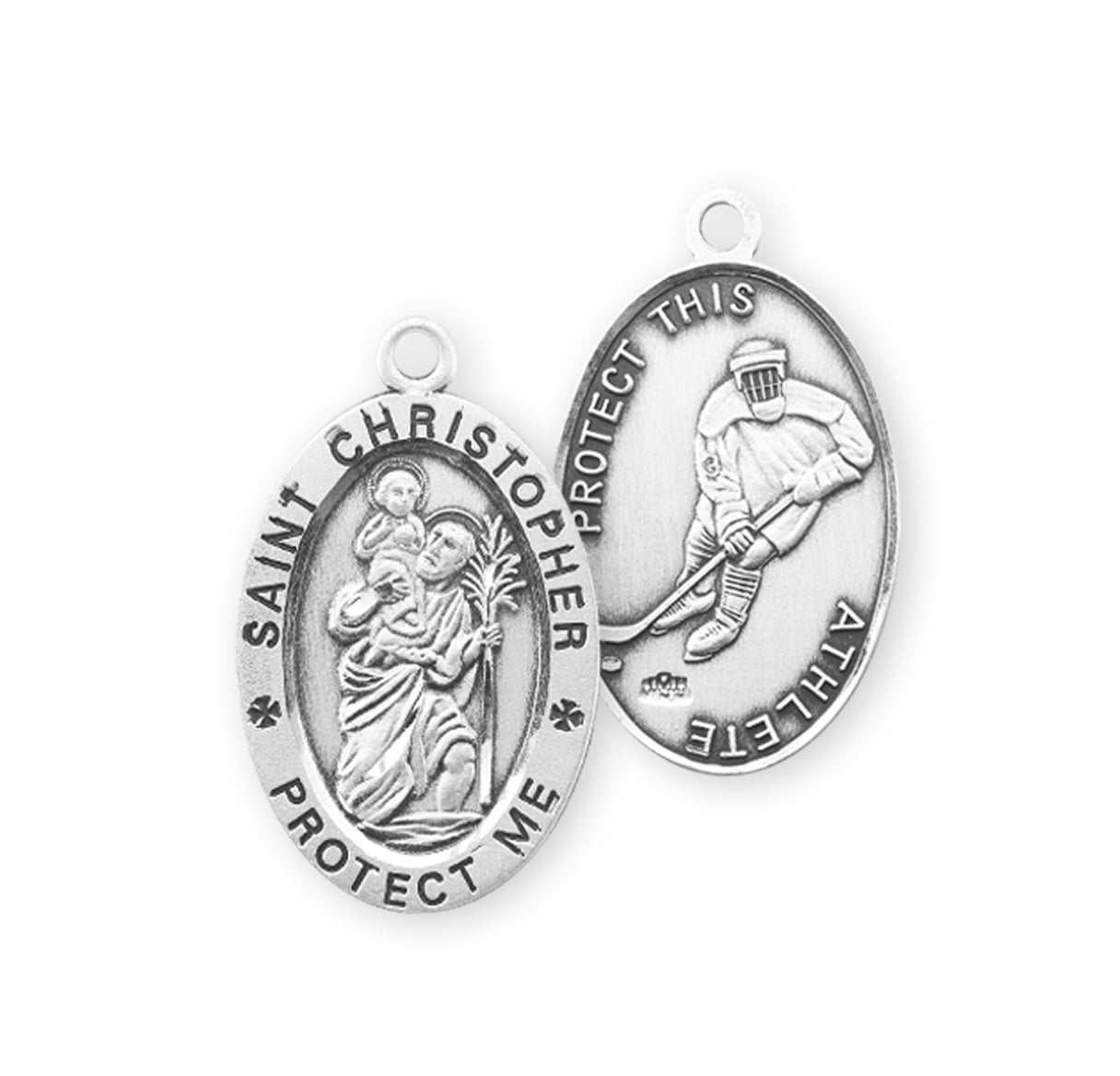 Saint Christopher Oval Sterling Silver Hockey Male Athlete Medal Pendant with Chain | .925 Silver