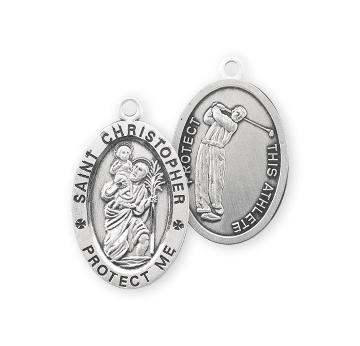 Saint Christopher Oval Sterling Silver Golf Male Athlete Medal Pendant with Chain | .925 Silver