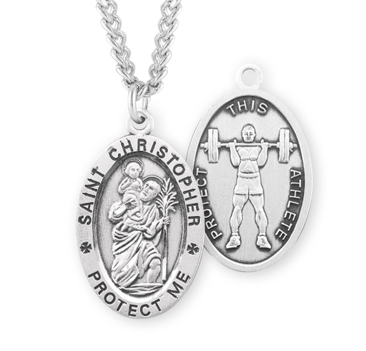 Saint Christopher Oval Sterling Silver weightlifting Male Athlete Medal Pendant with Chain | .925 Silver
