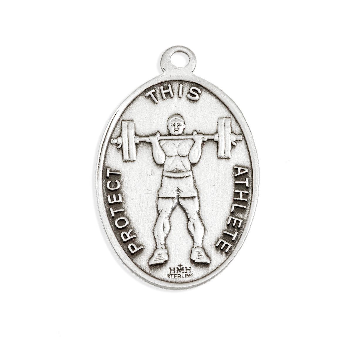 Saint Sebastian Oval Sterling Silver weightlifting Male Athlete Medal Pendant with Chain | .925 Silver
