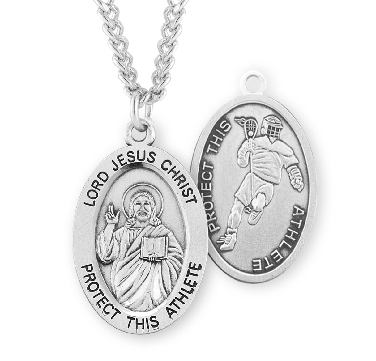 Lord Jesus Christ Oval Sterling Silver Lacrosse Male Athlete Medal Pendant with Chain | .925 Silver