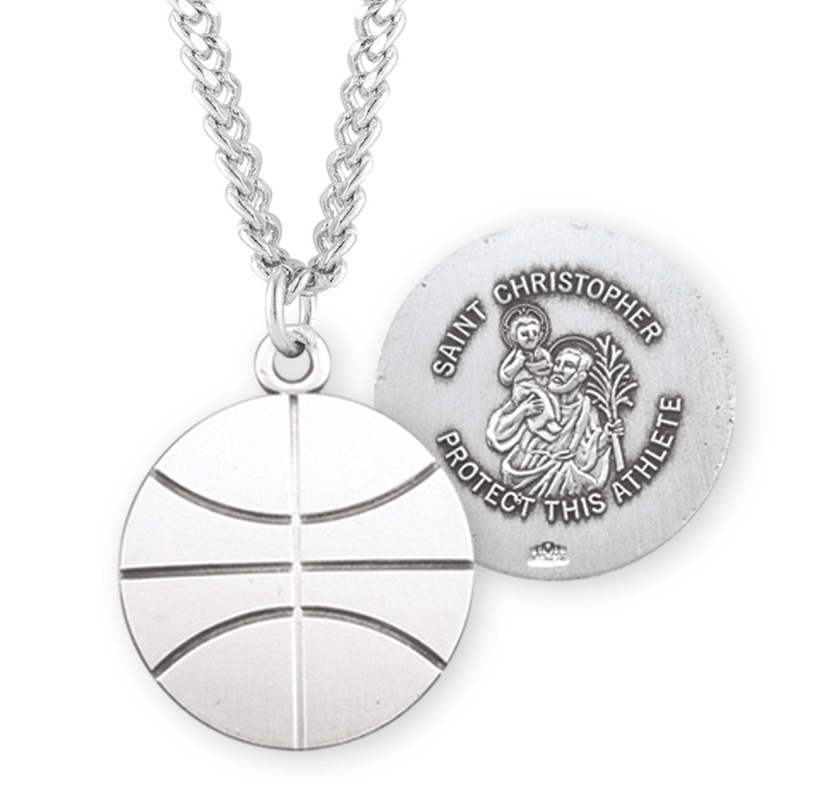 Saint Christopher Sterling Silver Basketball Athlete Medal Pendant with Chain | .925 Silver