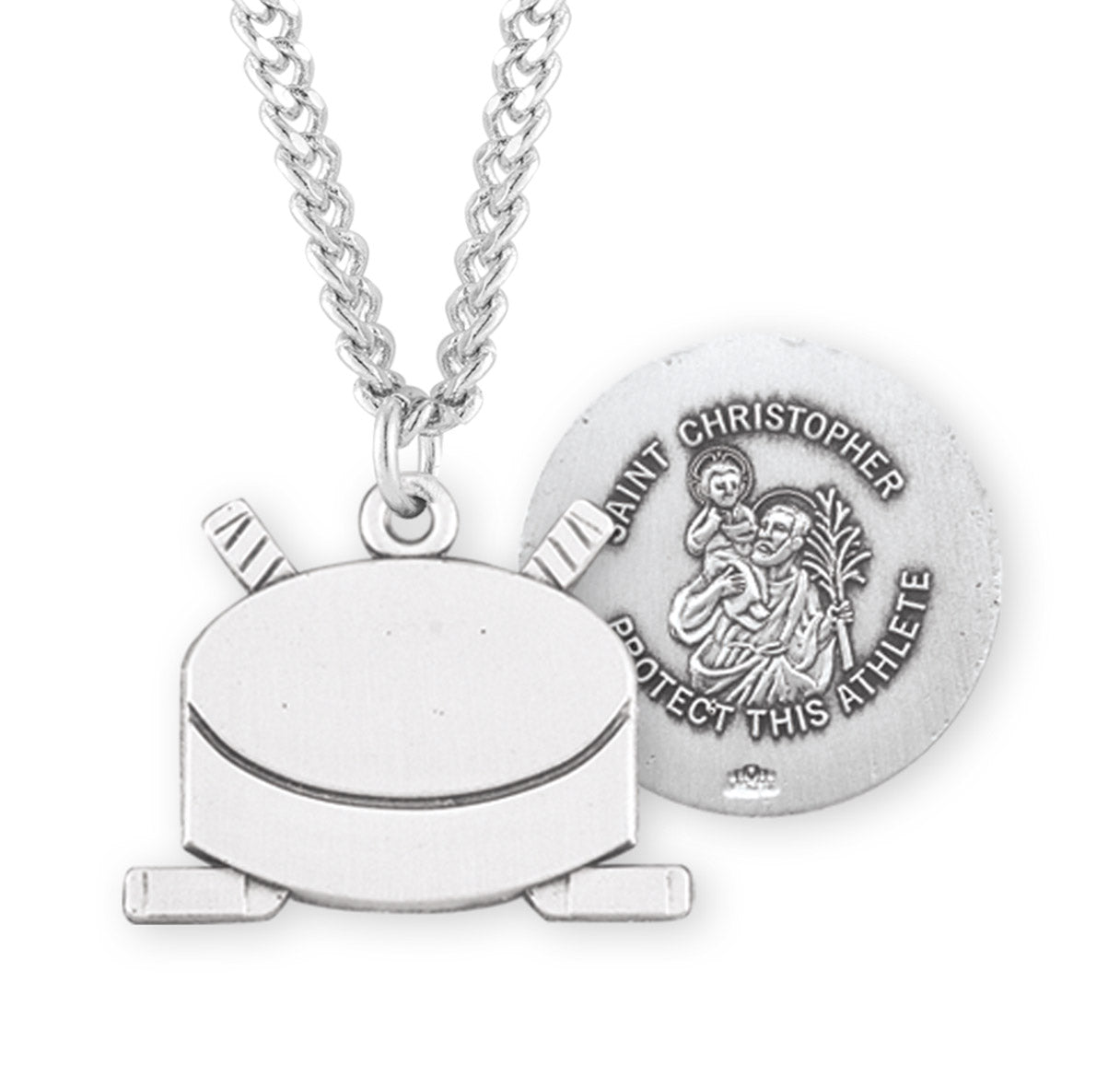 Saint Christopher Sterling Silver Hockey Athlete Medal Pendant with Chain | .925 Silver