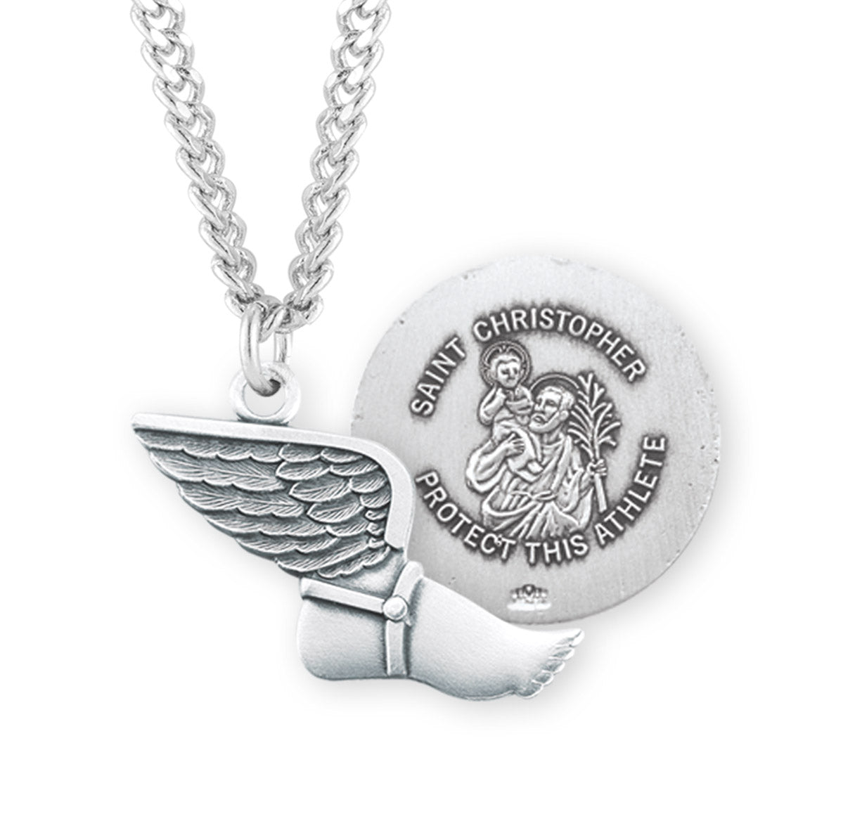 Saint Christopher Sterling Silver Track Athlete Medal Pendant with Chain | .925 Silver