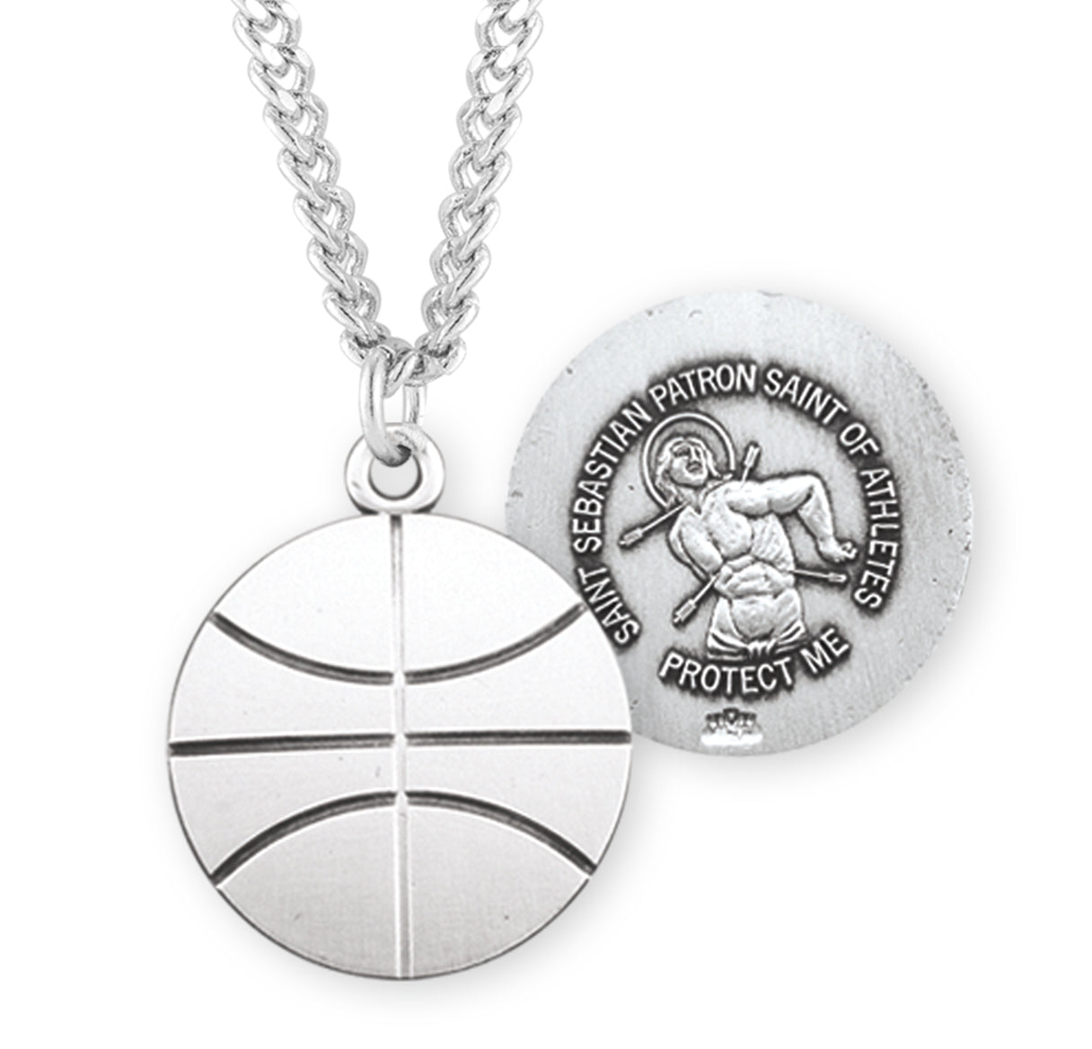 Saint Sebastian Sterling Silver Basketball Athlete Medal Pendant with Chain | .925 Silver