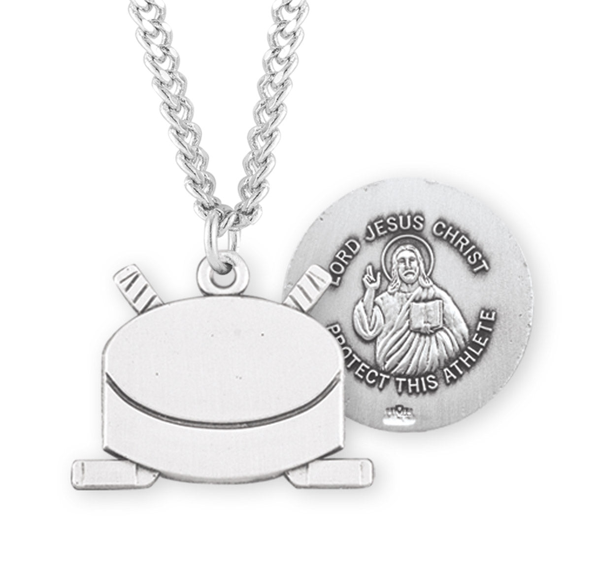 Lord Jesus Christ Sterling Silver Hockey Athlete Medal Pendant with Chain | .925 Silver