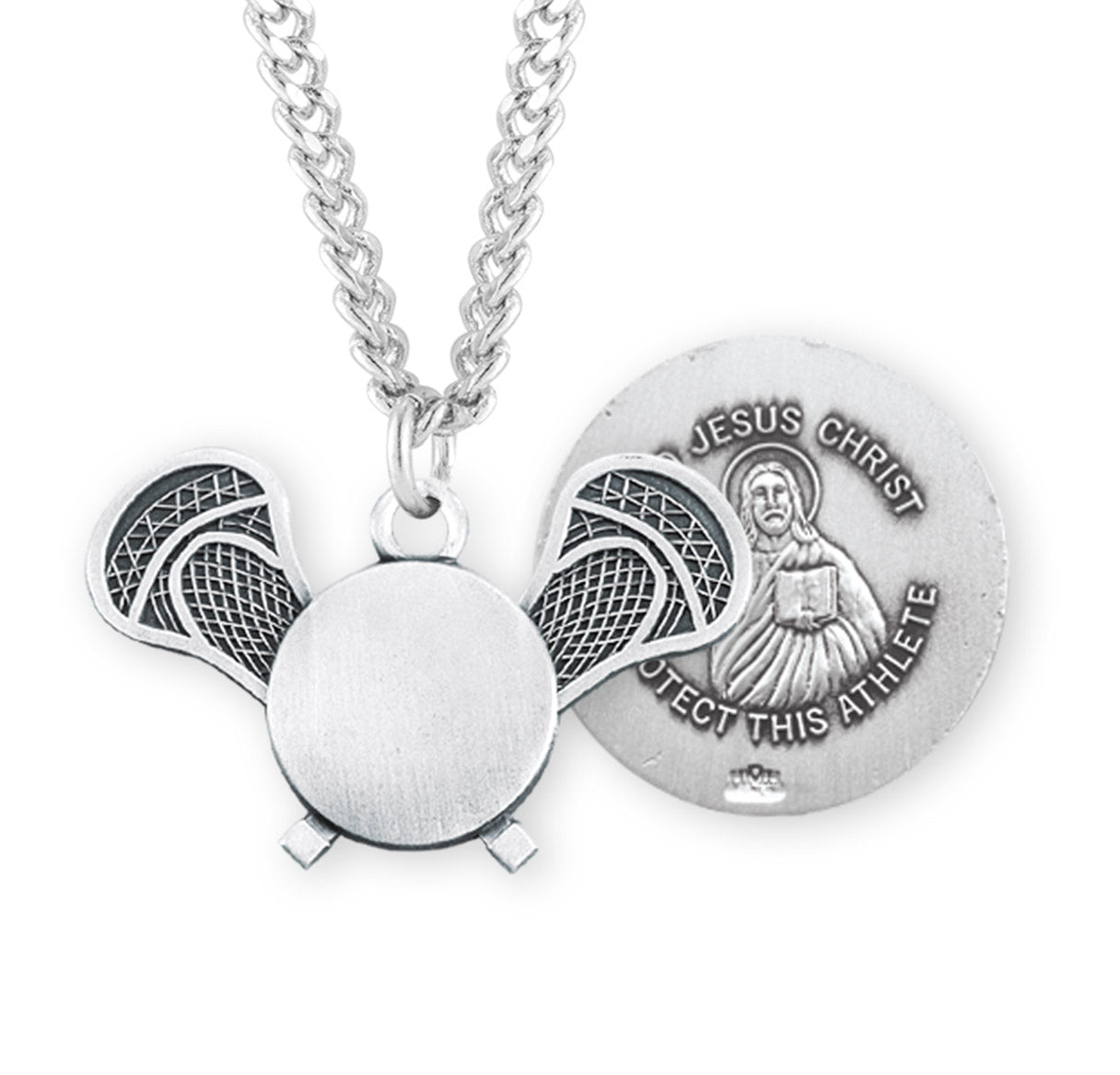Lord Jesus Christ Sterling Silver Lacrosse Athlete Medal Pendant with Chain | .925 Silver