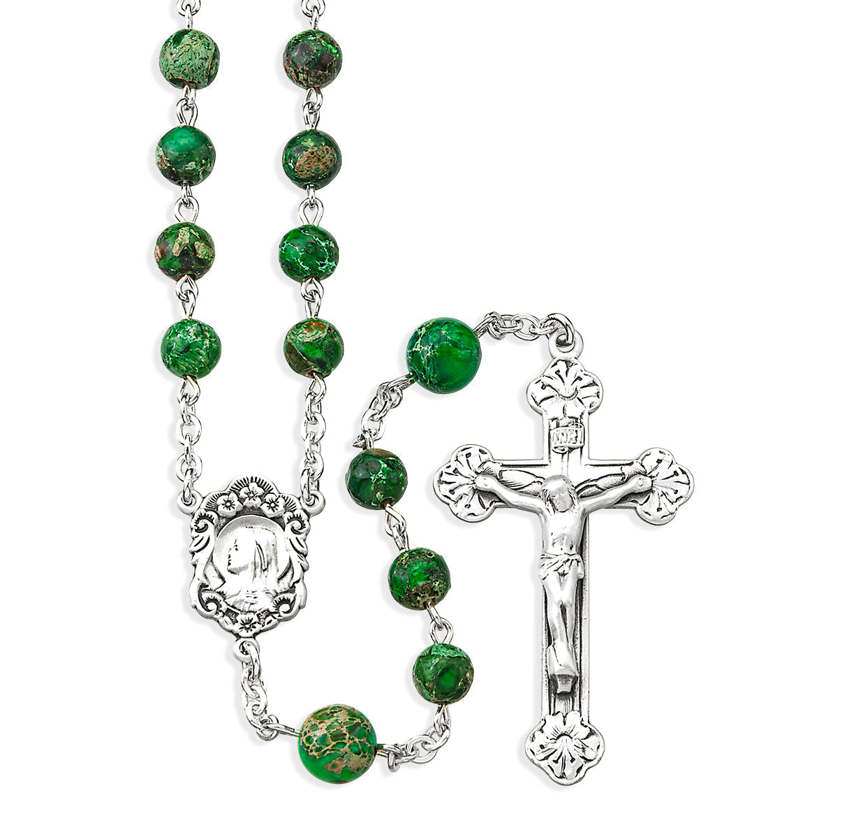 6mm Round Green Imperial Jade Beads with 8mm Round Green Imperial Jade O.F. Beads | Catholic Rosary Beads