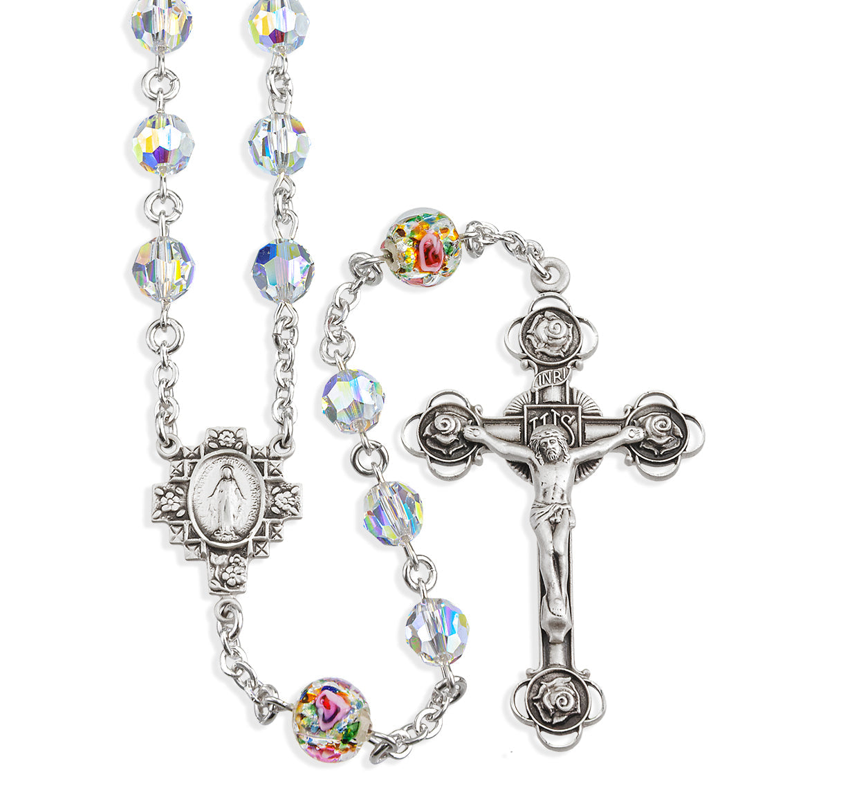 Sterling Silver Rosary Handmade with finest Austrian Crystal 7mm Round Aurora Borealis and 8mm Venetian Glass Beads by HMH