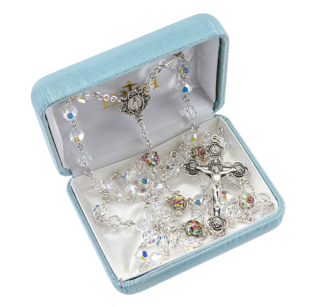 Sterling Silver Rosary Handmade with finest Austrian Crystal 7mm Round Aurora Borealis and 8mm Venetian Glass Beads by HMH