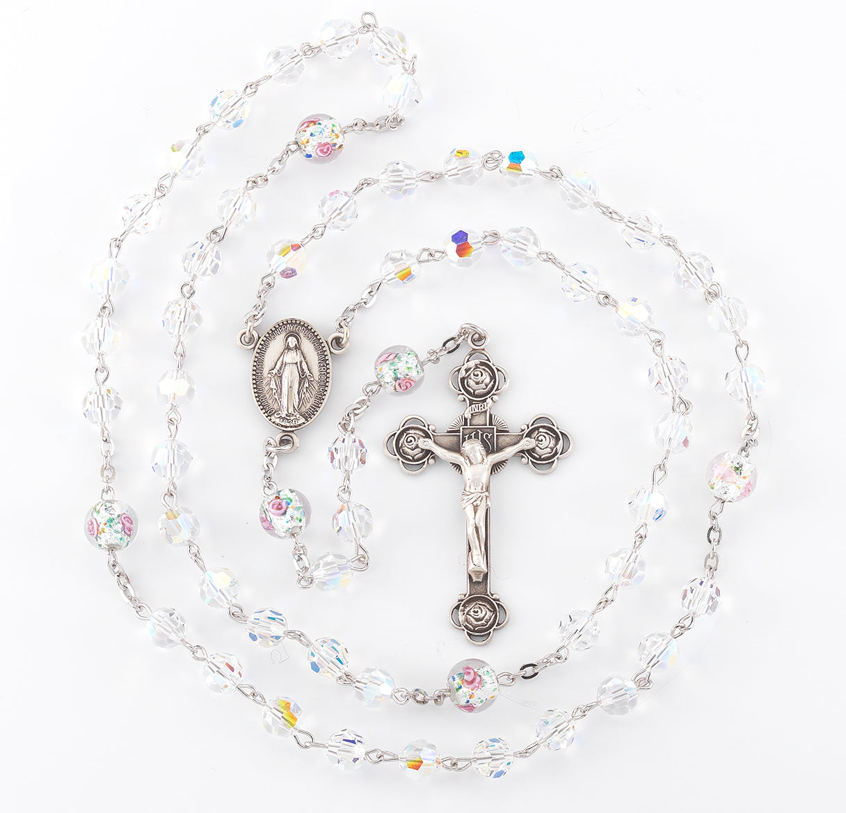 Sterling Silver Rosary Handmade with finest Austrian Crystal 7mm Round Aurora Borealis and 8mm Venetian Glass Beads by HMH