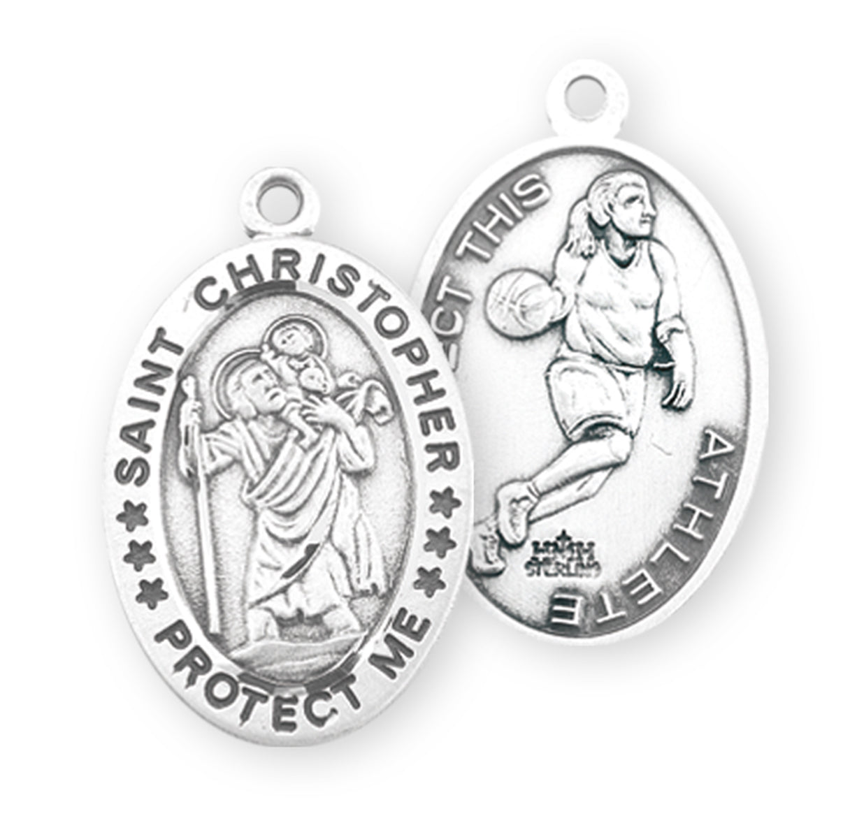 Saint Christopher Oval Sterling Silver Female Basketball Athlete Medal Pendant with Chain | .925 Silver
