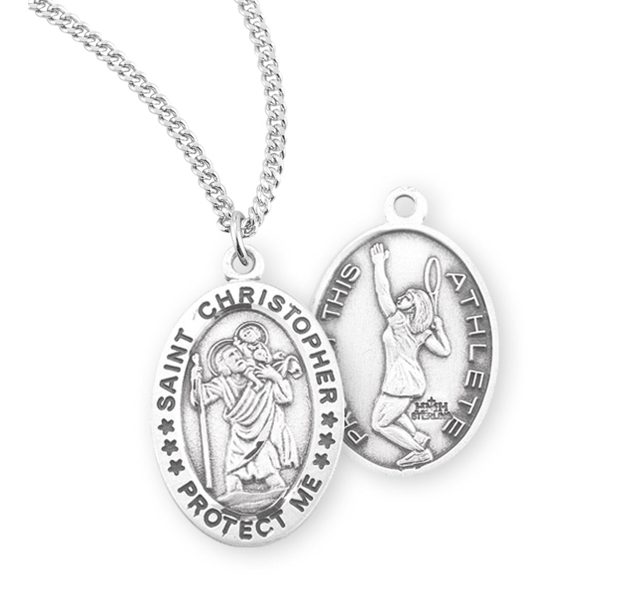 Saint Christopher Oval Sterling Silver Female Tennis Athlete Medal Pendant with Chain | .925 Silver