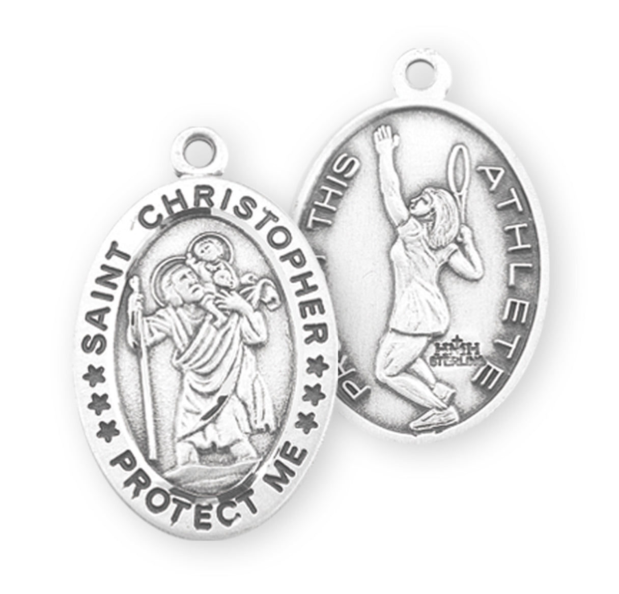 Saint Christopher Oval Sterling Silver Female Tennis Athlete Medal Pendant with Chain | .925 Silver