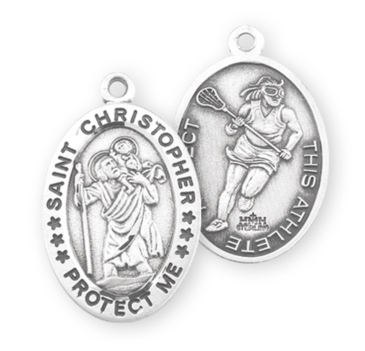 Saint Christopher Oval Sterling Silver Female Lacrosse Athlete Medal Pendant with Chain | .925 Silver