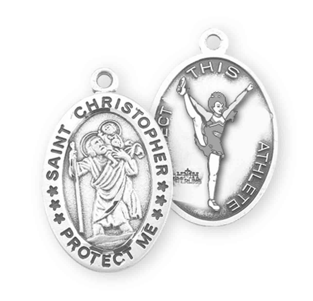 Saint Christopher Oval Sterling Silver Female Cheer Athlete Medal Pendant with Chain | .925 Silver