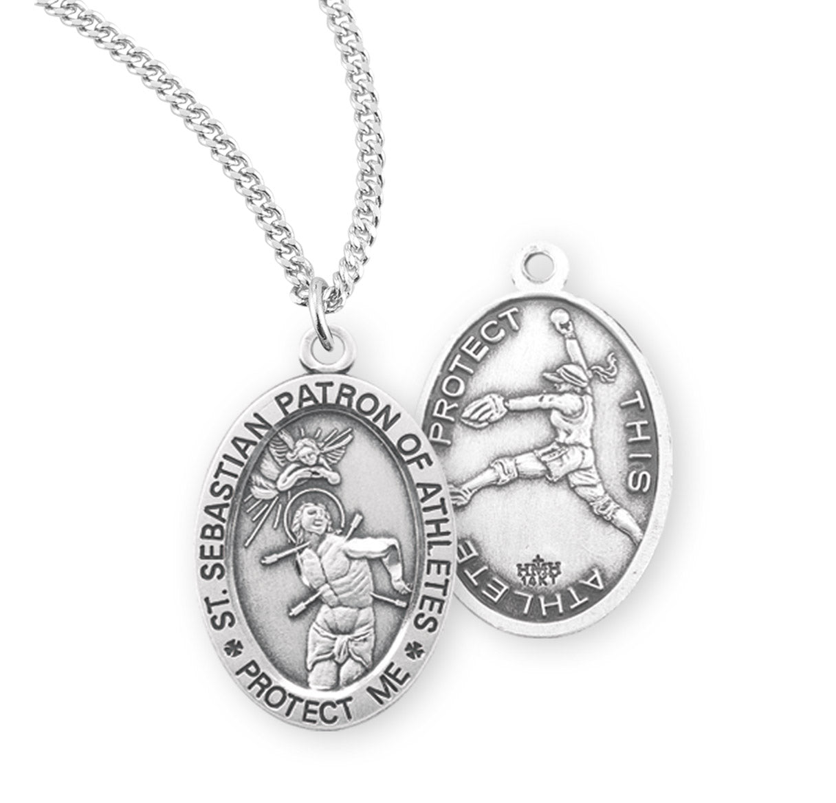 Saint Sebastian Oval Sterling Silver Female Softball Athlete Medal Pendant with Chain | .925 Silver