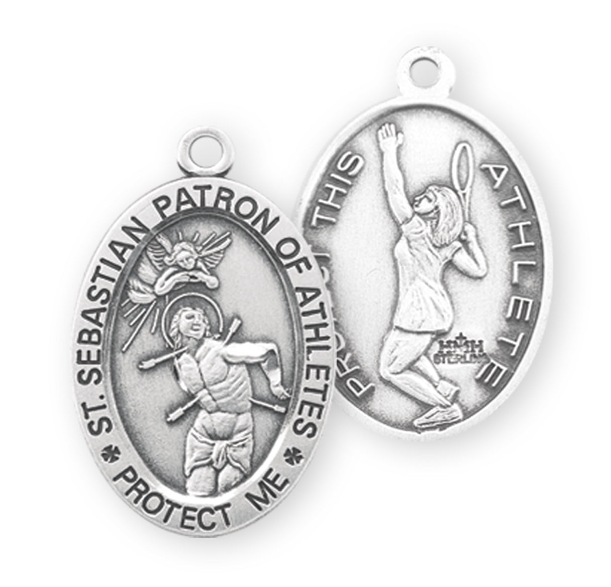Saint Sebastian Oval Sterling Silver Female Tennis Athlete Medal Pendant with Chain | .925 Silver