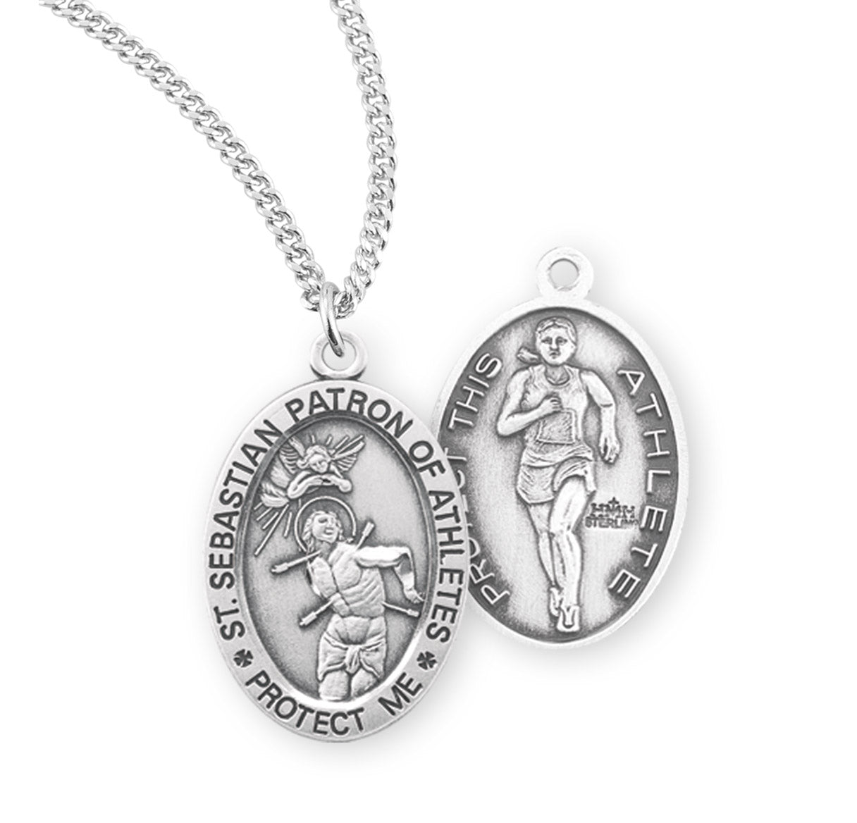 Saint Sebastian Oval Sterling Silver Female Track Athlete Medal Pendant with Chain | .925 Silver