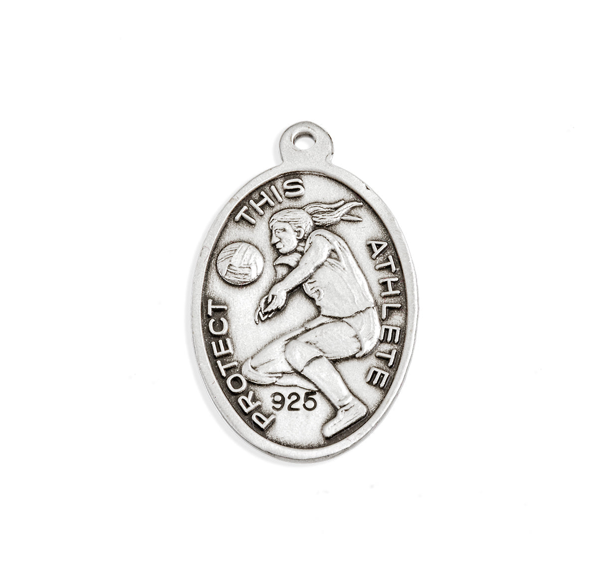 Saint Sebastian Oval Sterling Silver Female Volleyball Athlete Medal Pendant with Chain | .925 Silver