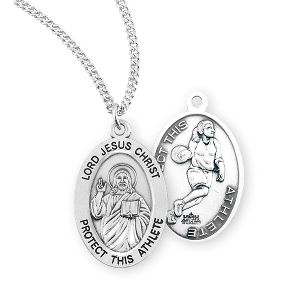 Lord Jesus Christ Oval Sterling Silver Female Basketball Athlete Medal Pendant with Chain | .925 Silver