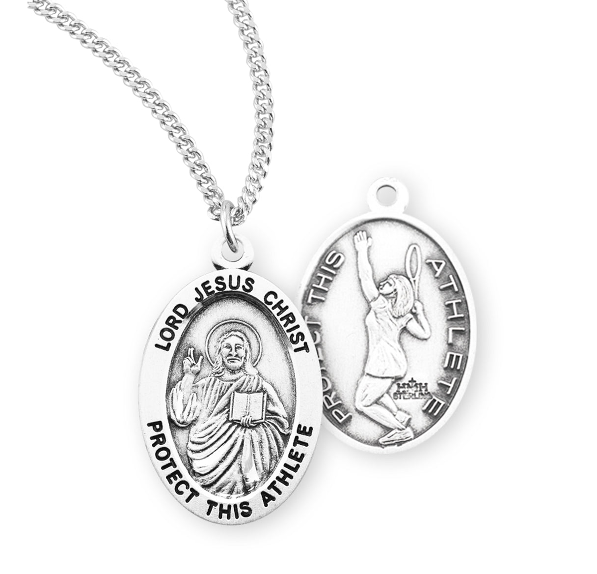 Lord Jesus Christ Oval Sterling Silver Female Tennis Athlete Medal Pendant with Chain | .925 Silver