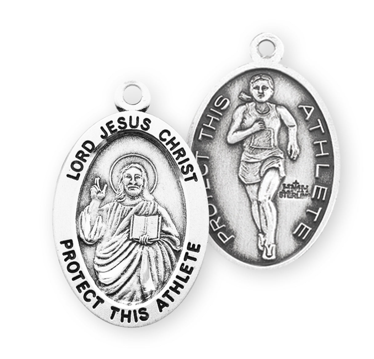 Lord Jesus Christ Oval Sterling Silver Female Track Athlete Medal Pendant with Chain | .925 Silver