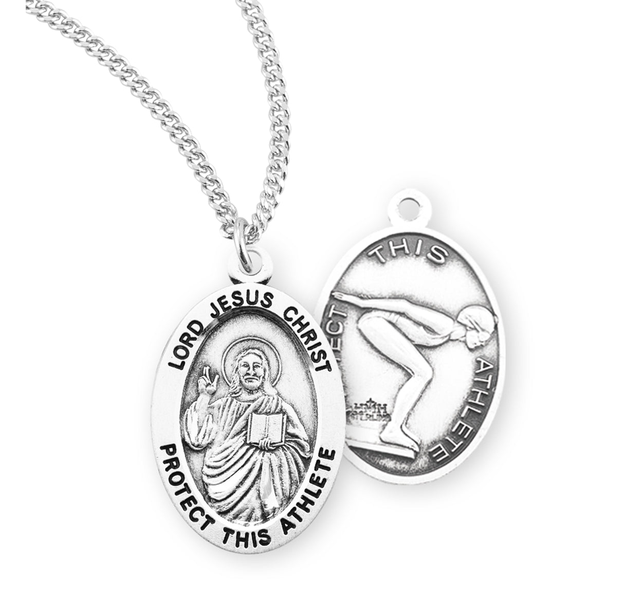 Lord Jesus Christ Oval Sterling Silver Female Swimming Athlete Medal Pendant with Chain | .925 Silver