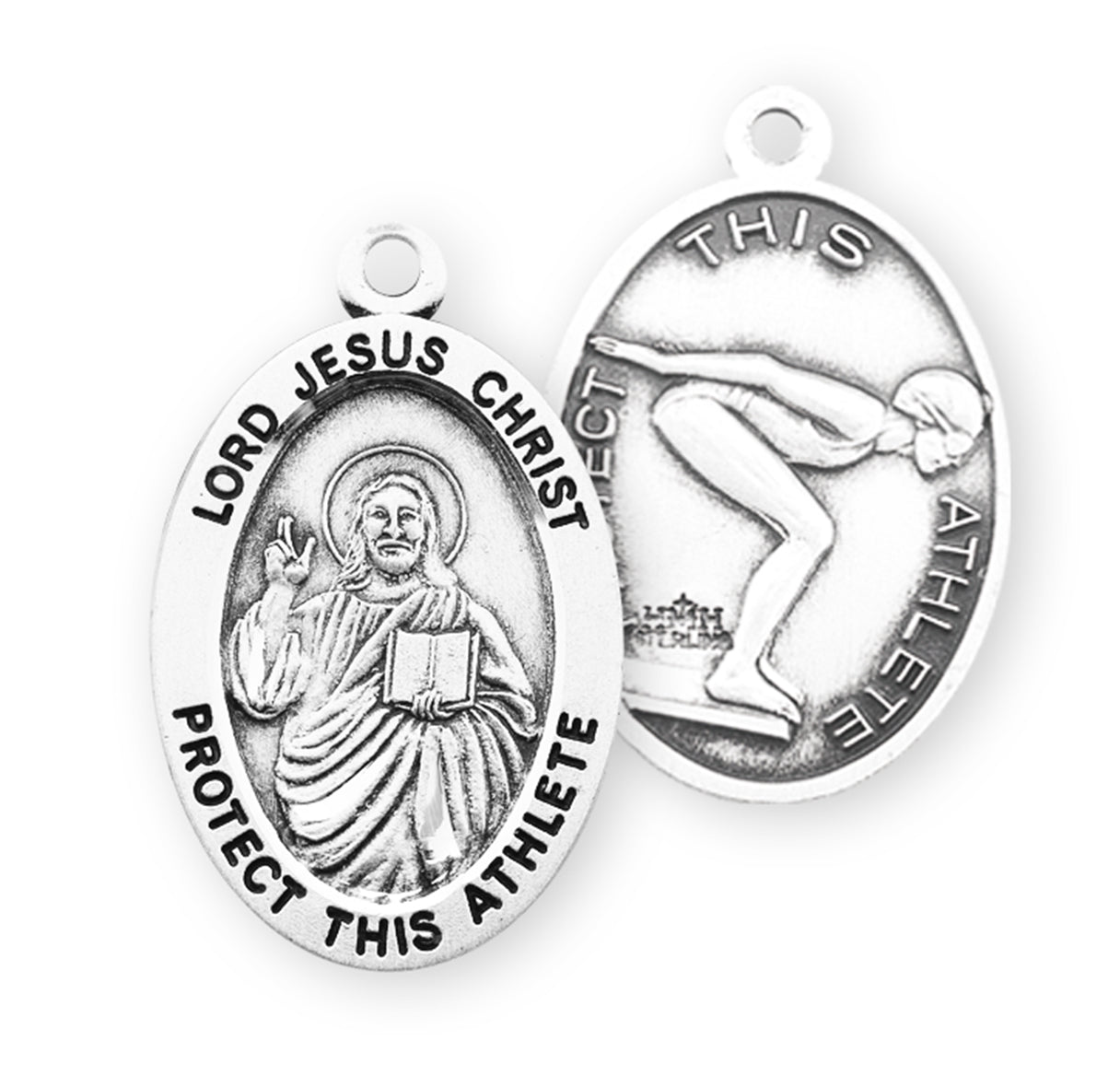 Lord Jesus Christ Oval Sterling Silver Female Swimming Athlete Medal Pendant with Chain | .925 Silver