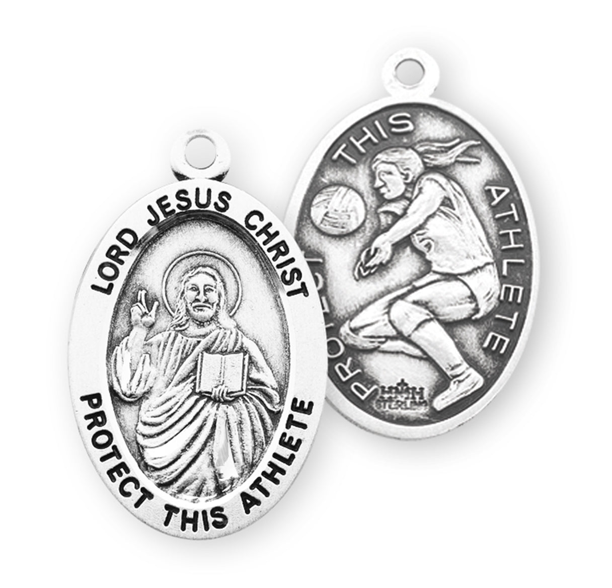Lord Jesus Christ Oval Sterling Silver Female Volleyball Athlete Medal Pendant with Chain | .925 Silver
