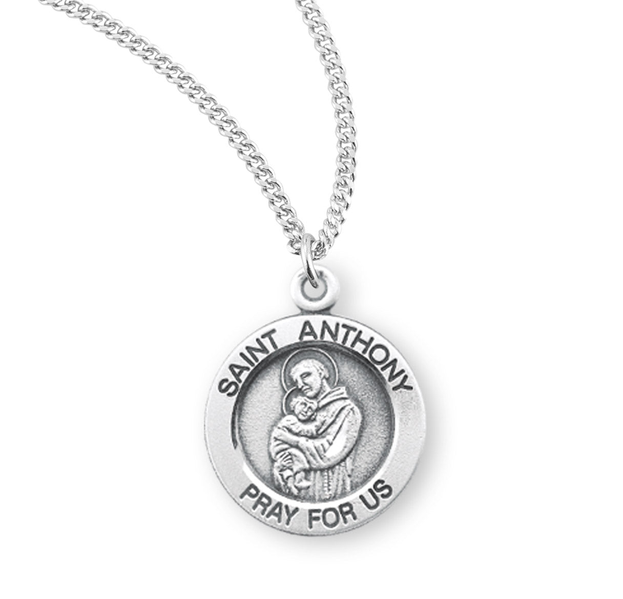 Patron Saint Anthony Round Sterling Silver Medal Pendant with Chain | .925 Silver