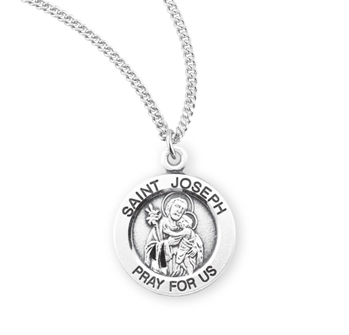 Patron Saint Joseph Round Sterling Silver Medal Pendant with Chain | .925 Silver