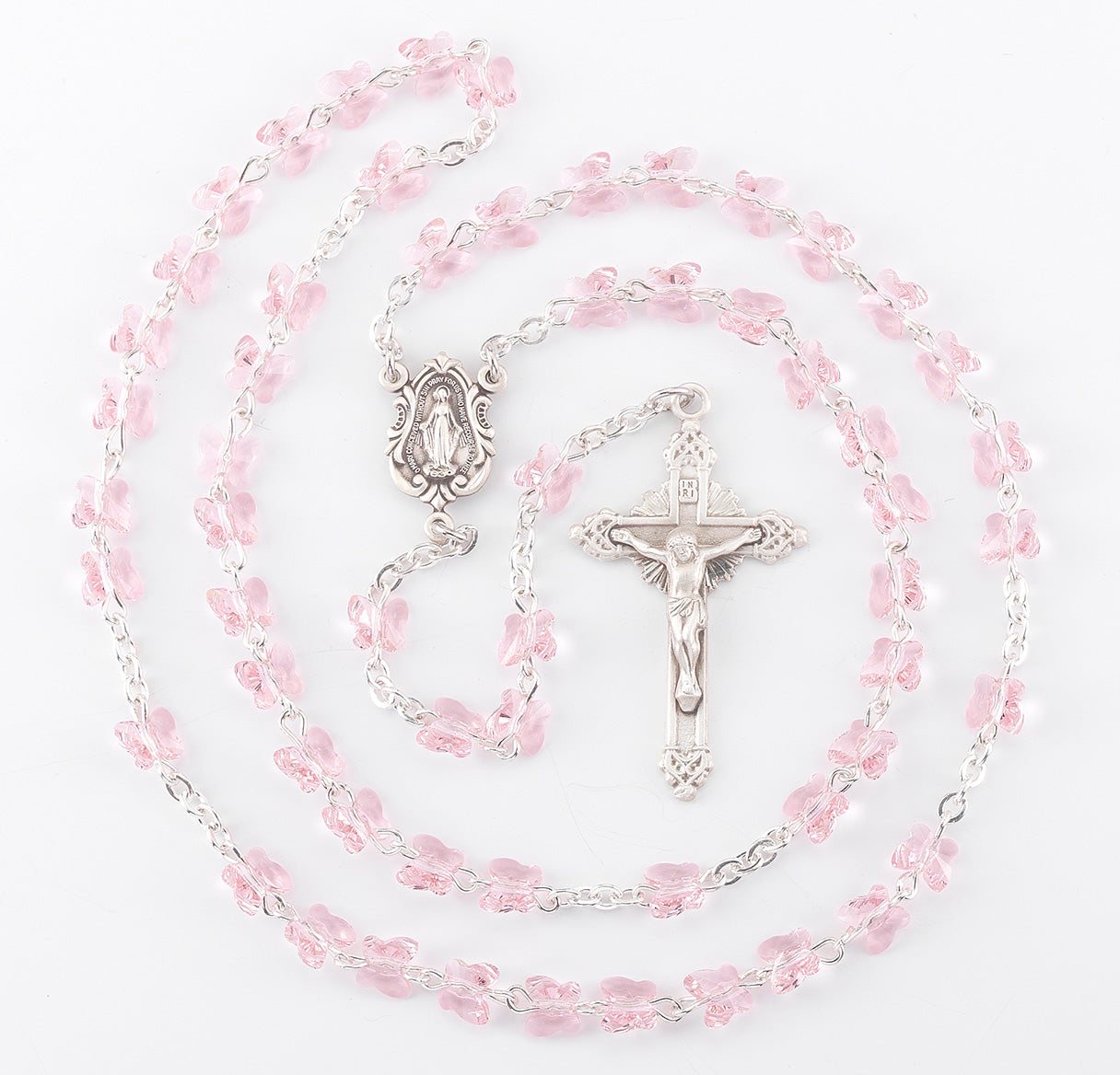 Sterling Silver Rosary Handmade with 6mm finest Austrian Crystal 6mm Light Rose Butterfly Beads by HMH | .925 Silver
